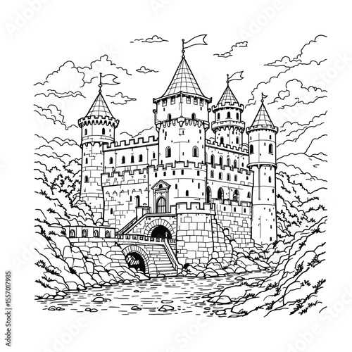 Medieval Castle Vector Illustration – Monochrome Silhouette of Fortress with Towers, Flags, Bridge, and Mountain Scenery