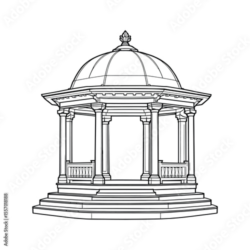 Gazebo Architecture Vector – Monochrome Illustration of a Domed Pavilion with Ornate Columns, Railings, and Stepped Base