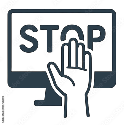 Hand signaling stop in front of computer screen illustrating anti-bullying  