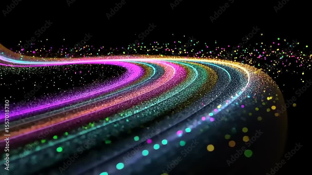 Colorful abstract light trails with sparkling particles creating a dynamic flow on a dark background