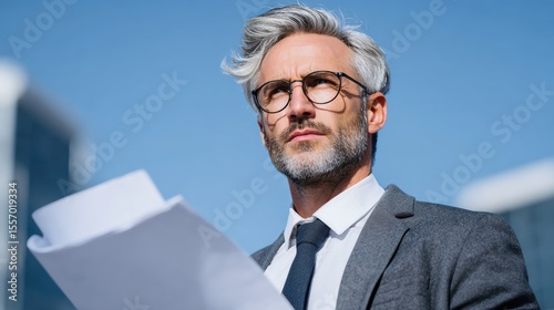 Confident businessman with glasses holding documents under a clear blue sky, showcasing professionalism and determination.