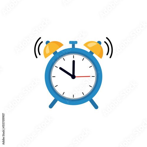 A classic blue alarm clock with yellow bells, showing vibrations to indicate it's ringing. Represents wake-up calls or timely alerts.