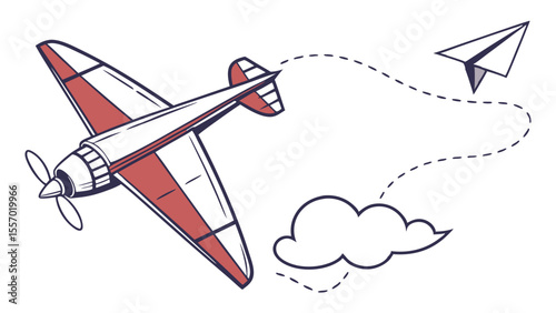 Vintage Airplane Illustration Retro Aircraft Design with Paper Plane