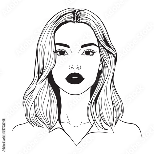 Black and white portrait of a young woman with dark lipstick and wavy hair