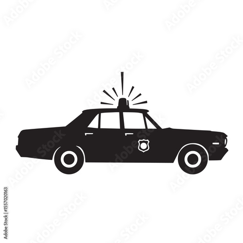 Black and white vector illustration of a classic police car silhouette with lights