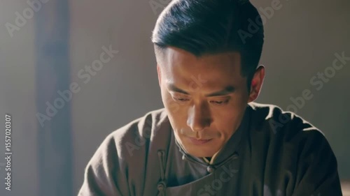 Asian man concentrating on reading the gospel indoors