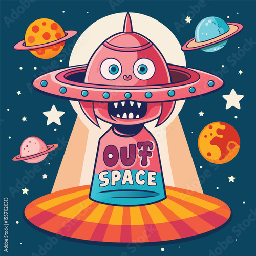 A fun vector cartoon illustration of a UFO spaceship with an alien traveling through the night sky past planets, moons, and stars