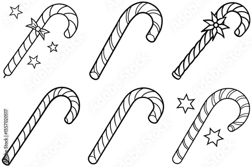 Collection of six simple black and white line art candy canes with festive stars and bows