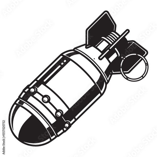 Classic black and white illustration of an airborne bomb with fins and detailing ready to deploy