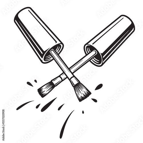 Crossed nail polish brushes with splashes and spills illustrating manicure design elements