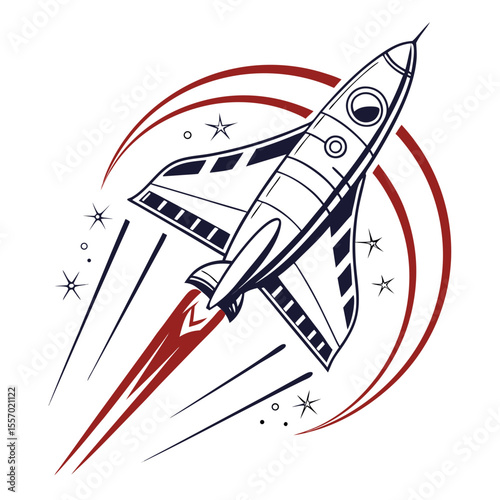 Vintage Rocket Ship Launching into Space Retro Spacecraft Illustration