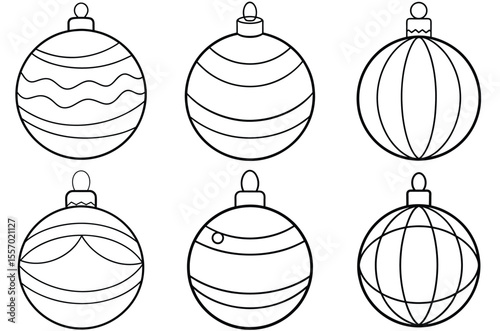 Set of six simple outline christmas baubles with different decorative patterns