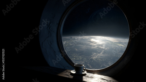 View from a spaceship window to planet Earth, cup of coffee next to the window. Illustration of loneliness 