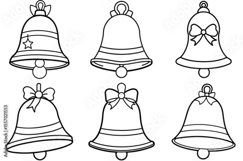 Collection of six hand drawn outline christmas bells with bows and a star