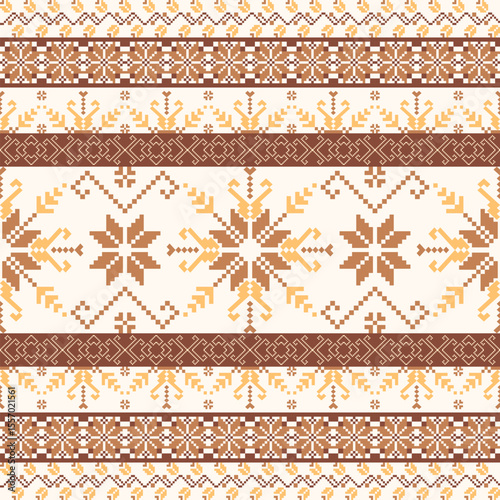 Geometric pixel art pattern. Abstract pixel art geometric ethnic pattern design for fabric, carpet, tile, rug, clothing, embroidery, needlepoint and background. Vector pixel art seamless motif ethnic
