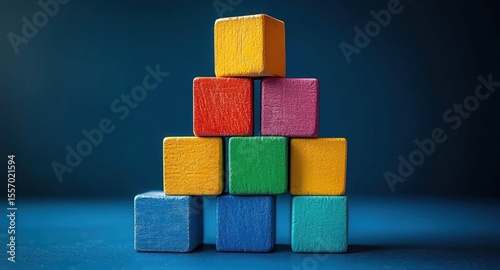 Crayoncolored toy blocks forming wobbly tower