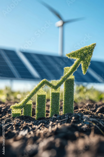 Eco growth bars rising with arrow, solar panels and wind turbines in background, clear sky