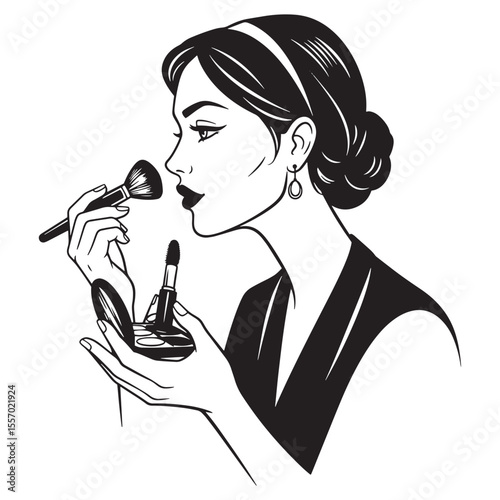 Elegant black and white illustration of a woman applying makeup with brush and mascara