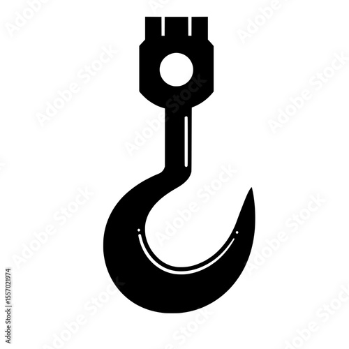 Hook Symbol Illustration: A stark black and white silhouette of a robust hook, perfectly poised against a clean backdrop, ideal for industrial and construction design.