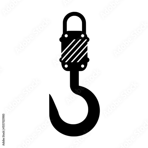 Industrial Lifting Hook Icon: A stark silhouette of an industrial lifting hook, exuding strength and functionality. This vector illustrates the core elements of heavy-duty lifting equipment.