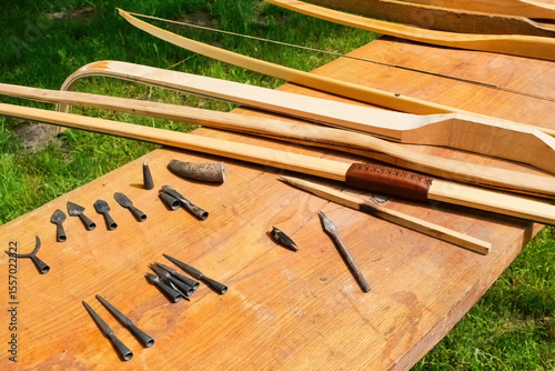 Reenactment Gear: Wooden Bows and Iron Arrowheads. Craftsmanship of Ancient Archers.
