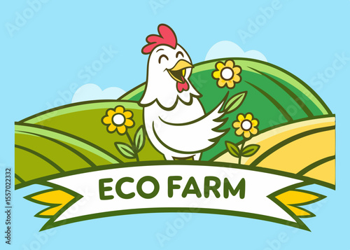 Happy Chicken on Eco Farm Sustainable Agriculture Illustration