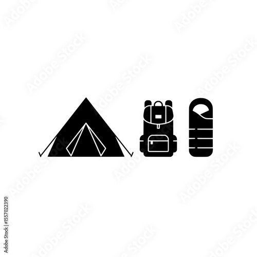Camping essentials: A minimalist illustration of a camping setup showcases a tent, backpack, and sleeping bag. Perfect for illustrating outdoor adventures and the joys of nature.
