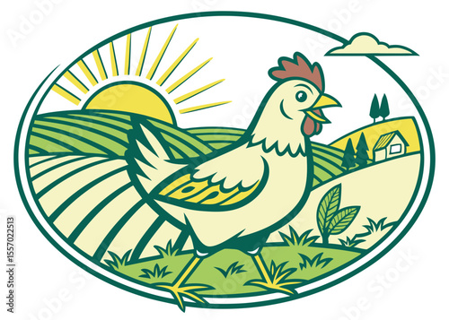 Happy Hen in Rolling Hills Farm Illustration