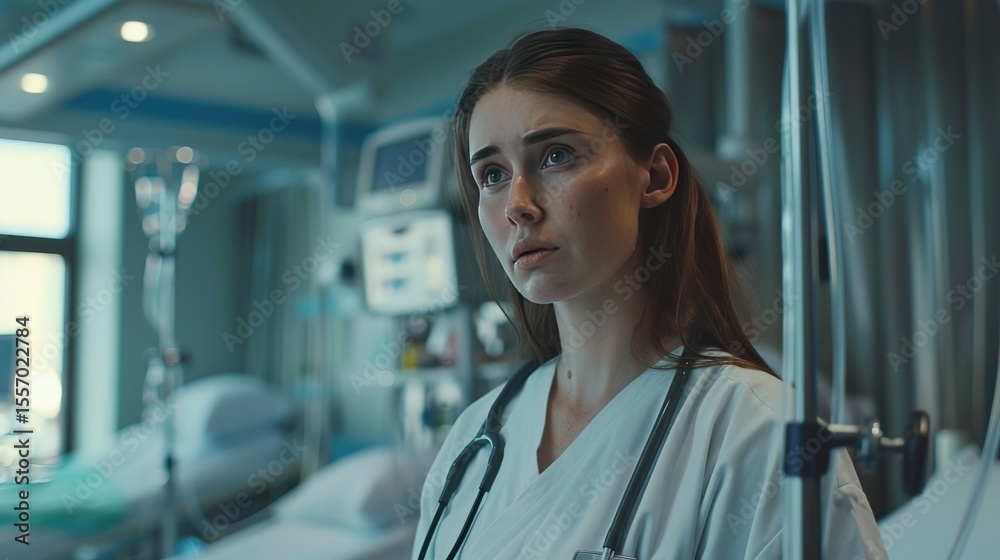 Fototapeta premium Weary doctor in a hospital setting looking forlorn with a stethoscope around her neck conveying stress and concern in healthcare.