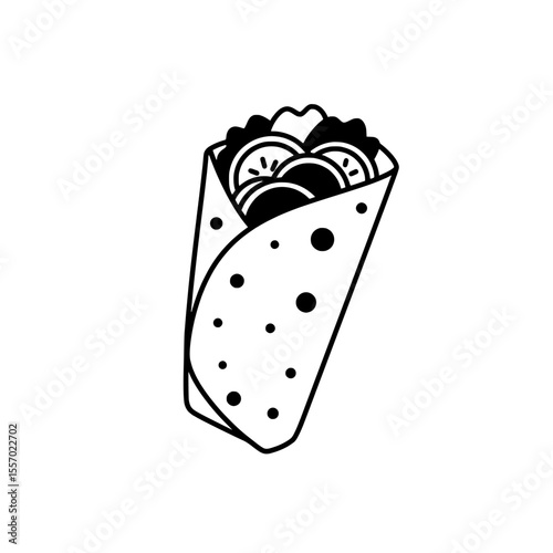 Savory Wrap: A minimalist outline illustration of a classic wrap, ready to serve for your satisfaction, featuring fresh ingredients.