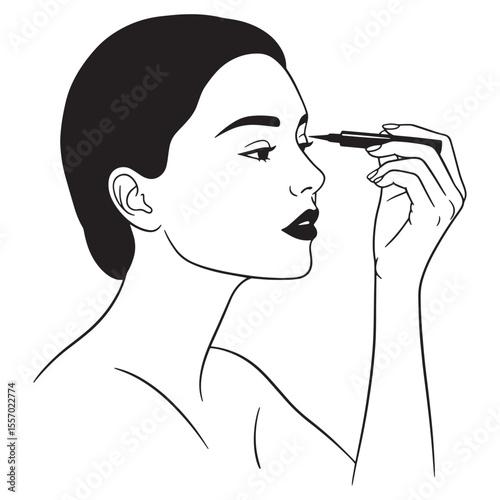 Elegant woman applying eyeliner in black and white vector illustration of makeup