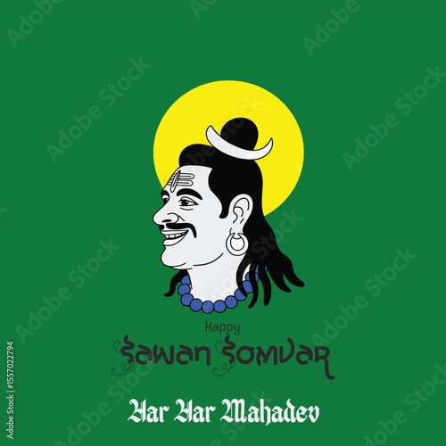  Happy Swan Somvar Lord Shiva, the Hindu deity, with a blue face, third eye, and flowing black hair. He is seated in a meditative pose, holding a trident and a skull, with a calm and focused