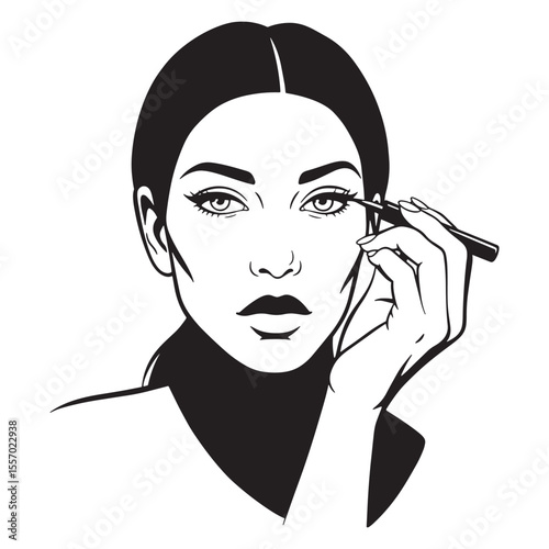 Elegant woman applying eyeliner in black and white vector illustration perfect for beauty products