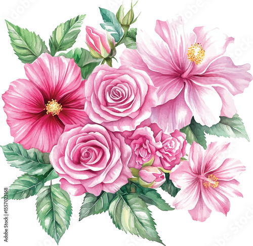 Watercolor Roses and Hibiscus Bouquet vector illustration