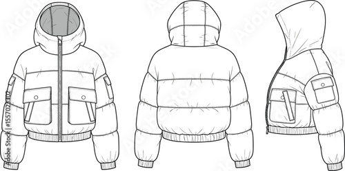 Puffer jacket technical sketch, hoodie winter coat design, front back side view, CAD fashion illustration, vector flat drawing