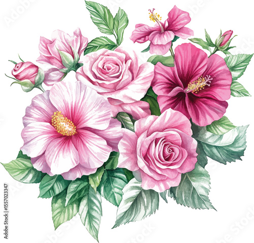 Watercolor Roses and Hibiscus Bouquet vector illustration