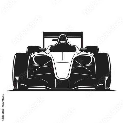 Front view of a sleek and modern formula one race car in monochrome vector style