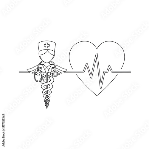 Medical Nurse Icon with Heartbeat Line and Caduceus Symbol