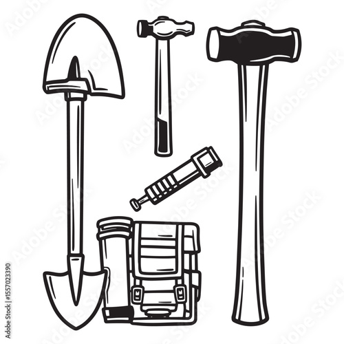 Hand drawn black and white camping tools including shovel hammers and a backpack