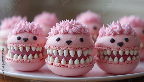Werewolf macarons with cute teeth and pink fur tufts, shy smiles