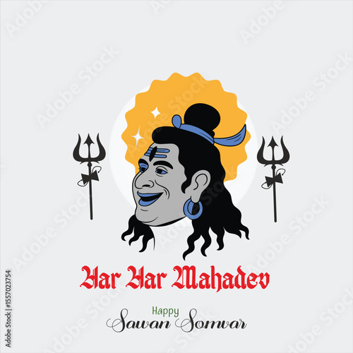  Happy Swan Somvar Lord Shiva, the Hindu deity, with a blue face, third eye, and flowing black hair. He is seated in a meditative pose, holding a trident and a skull, with a calm and focused
