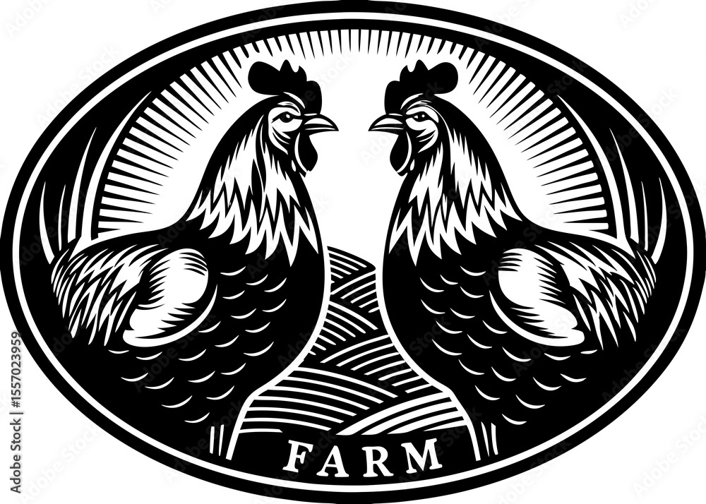 Fototapeta premium Farm Fresh Roosters Black and White Vintage Illustration