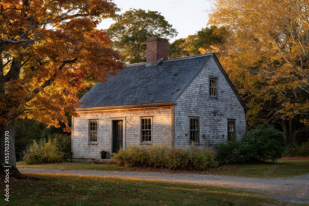 Obraz premium A weathered gray Cape Cod cottage with a central chimney surrounded by autumn foliage captured during golden hour