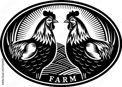 Farm Fresh Roosters Black and White Vintage Illustration