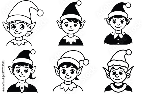 Collection of six cute cartoon elf faces with pointy ears and christmas hats
