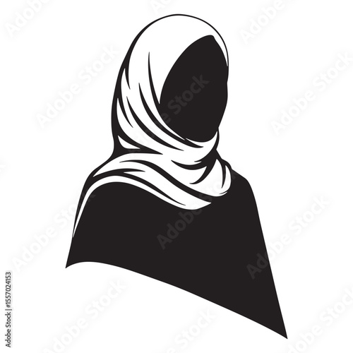 Silhouette illustration of a woman wearing a hijab in black and white minimalist design