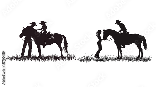 Silhouette illustration of a cowboy gently helping a young girl, capturing a heartwarming and respectful gesture of kindness, trust, and protection in a western setting—ideal for storytelling,
