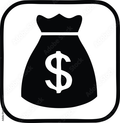 Black and White Money Bag Icon with a Dollar Sign Inside a Rounded Square with a Thick Black Border Design black money bag