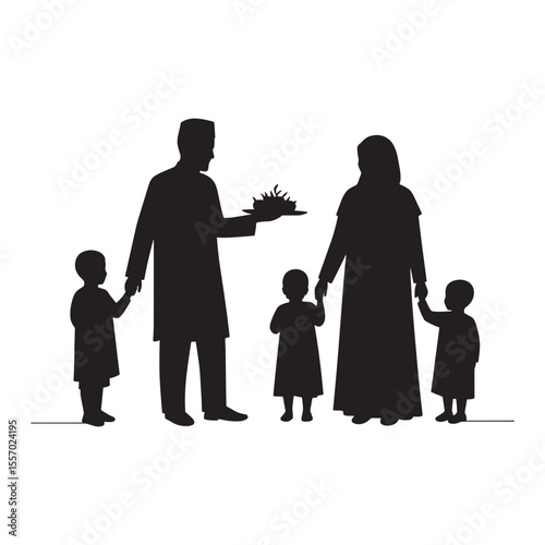 Silhouette illustration of muslim family celebrating festival with traditional food offering