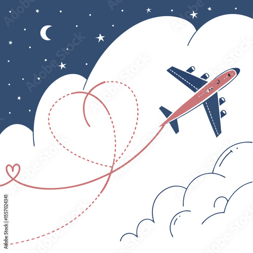 Romantic Night Flight Airplane Drawing with Heart-Shaped Trail